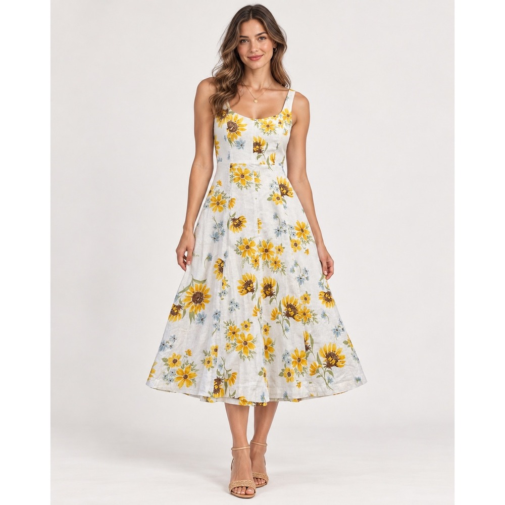 Old Navy Midi Dress Womens S White Yellow Sunflower Fit Flare Linen Blend NWT